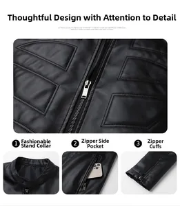 Detail of men's faux leather jacket showing stand collar, zipper pockets, and quilted texture