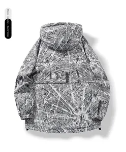 Back view of men's waterproof hooded windbreaker featuring a detailed urban map pattern