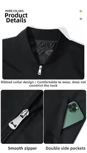 Detailansicht des Rippstrickkragens, Metallreißverschlusses und der Taschen der Bomberjacke