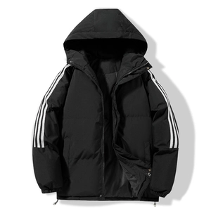 Men's black hooded jacket featuring classic three white stripes on sleeves and zipper closure