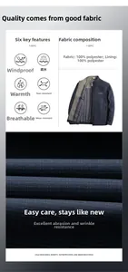 Detail showing windproof and water-repellent polyester fabric properties for men's jacket