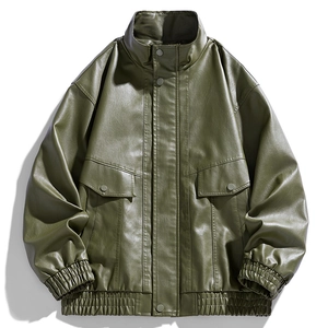 Men's olive green faux leather military work jacket with utility pockets and loose fit