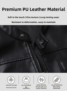 Detail of men's black PU leather jacket featuring stand collar with metal snap button