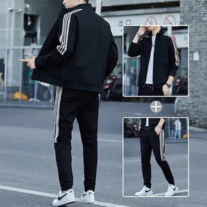 Men's casual 2-piece tracksuit featuring zip-up stand collar jacket and striped joggers