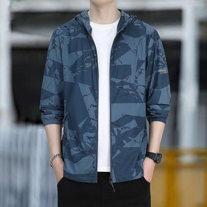 Men's UPF 50+ cooling sun protection jacket with blue geometric camo print and hood