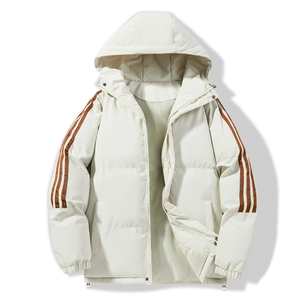Winter hooded padded jacket in white with three parallel brown stripes on sleeves