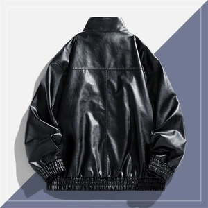 Veste en cuir PU noir pour hommes avec poignets côtelés et détails de couture