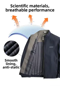 Detail of breathable navy business jacket with anti-static striped lining and stand collar