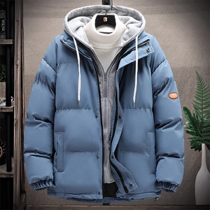 Men's foggy blue hooded puffer jacket with layered grey hoodie design and arm patch
