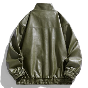 Men's dark olive green faux leather bomber jacket with ribbed cuffs shown from back view