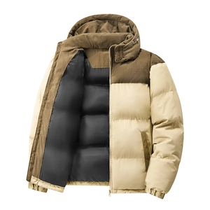 Men's thickened winter hooded jacket in cream beige with brown corduroy patchwork detailing