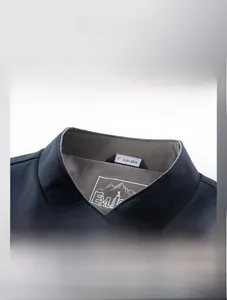 Detail of stand collar and zipper on navy blue textured casual jacket for men
