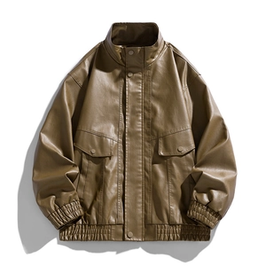 Veste homme style vintage en similicuir marron clair avec ourlet élastique et poches à rabat