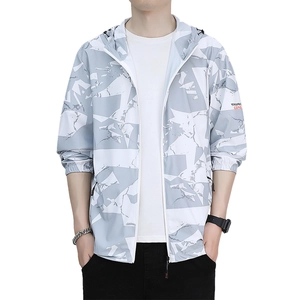 Men's UPF 50+ sun protection jacket with grey abstract pattern and hood for fishing