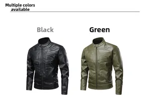Detail of stand collar PU leather jackets in black and green with embossed chest stitching