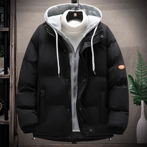 Men's hooded faux two-piece puffer jacket in black with grey hood and warm quilted design