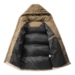 Men's brown corduroy puffer jacket with black quilted lining and hood for winter warmth
