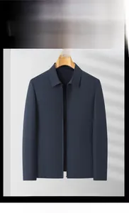 Detail of blue-gray business casual zip jacket with lapel collar and smooth texture