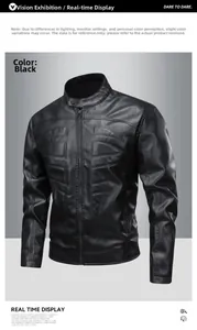 Close-up of stand collar stitching and zipper detail on black faux leather biker jacket