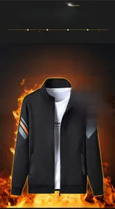 Detail of black sports jacket featuring fleece lining and striped sleeve accents