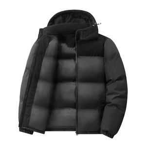 Men's black hooded puffer jacket with corduroy patchwork and warm quilted design