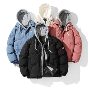 Thick hooded fake two-piece cotton jackets in blue black pink and beige colors