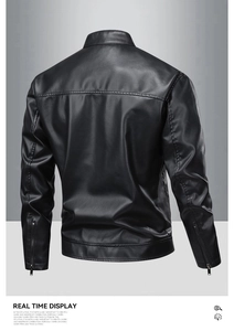 Rear view of black stand collar faux leather jacket showing texture and sleeve zippers