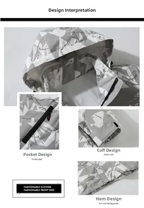 Detail view of camouflage jacket showing hood design, zip pockets and elastic cuffs