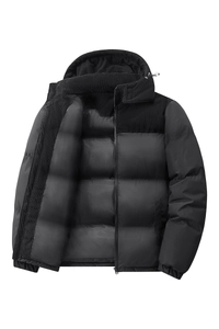 Men's black hooded puffer jacket with corduroy patchwork and warm quilted padding