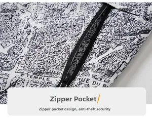 Detailed macro shot of a map print jacket featuring a secure vertical black metal zipper pocket