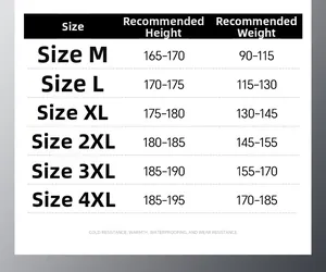 Size chart for men's casual jacket showing height and weight recommendations from M to 4XL