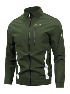 Men's olive green sports windbreaker jacket with stand collar and multi-zippered pockets