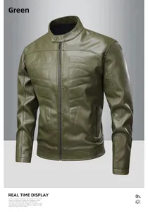 Detailed view of olive green PU leather jacket with symmetrical geometric embossing