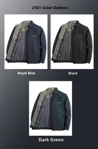 Detail view of men's business casual stand collar jacket in blue, black, and green colors