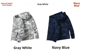 Detail view of camouflage hiking jackets in grey-white and navy blue color variants