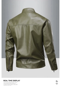 Detail view of olive green PU leather jacket back with stitching and zipper cuffs