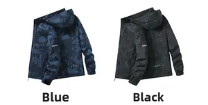 Waterproof camo hiking jackets in navy blue and black marble patterns with adjustable hoods