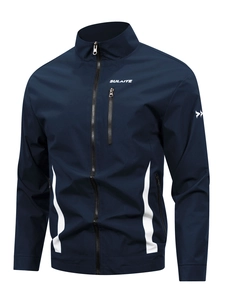 Men's dark blue outdoor windbreaker jacket with stand collar and zipper pockets