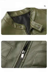 Detail of army green PU leather jacket featuring stand collar with snap button and metal zipper