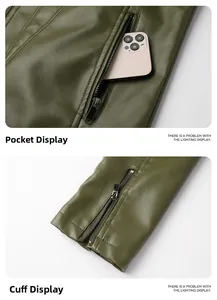 Detail of army green PU leather jacket featuring deep zipper pockets and zipper cuffs