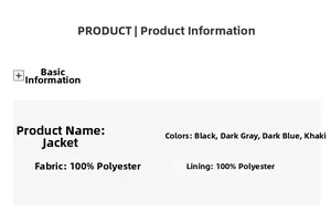 Detailed chart showing 100% polyester fabric material and color options for men's jackets