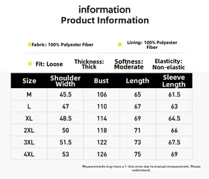Detailed size chart and fabric specifications for men's winter padded stand collar jacket