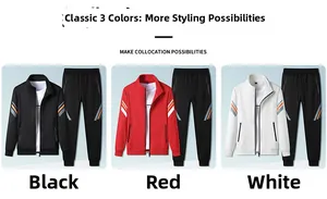 Detail view of the zipper jacket and joggers with striped sleeves in multiple colors