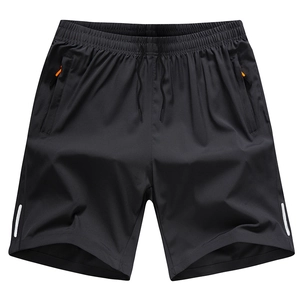 Men's black quick-dry athletic shorts with drawstring waist and orange zipper pockets