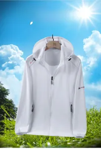 Detail of white hooded sun protection jacket with zip pockets and breathable fabric