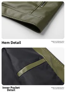 Detail of olive green faux leather jacket hem with metal zipper and inner pocket lining