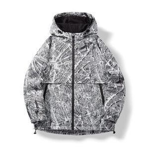 Men's City Map Print Hooded Jacket Windproof Waterproof Padded Outdoor Hiking Parka Casual Full Zip Windbreaker Coat
