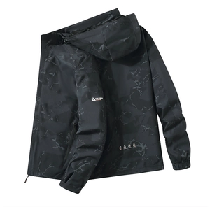 Detail showing TEN PORTER logo on sleeve and functional icons of a camo windbreaker