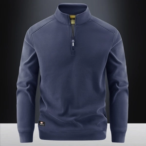 Men's quarter-zip fleece pullover in navy blue with thermal stand collar for winter