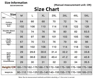 Detailed size guide table for the sports tracksuit set with full measurement specifications
